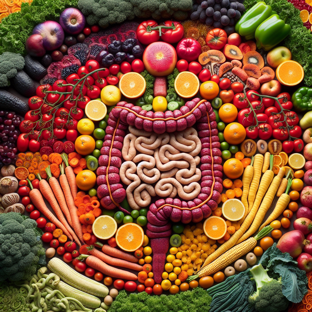 assortiment-fruits-legumes-autour-modele-systeme-digestif-humain-detaille-tomates-carottes-chou-kale-oranges-poivrons-contraste-artistique-diversite-alimentaire-complexite-biologique