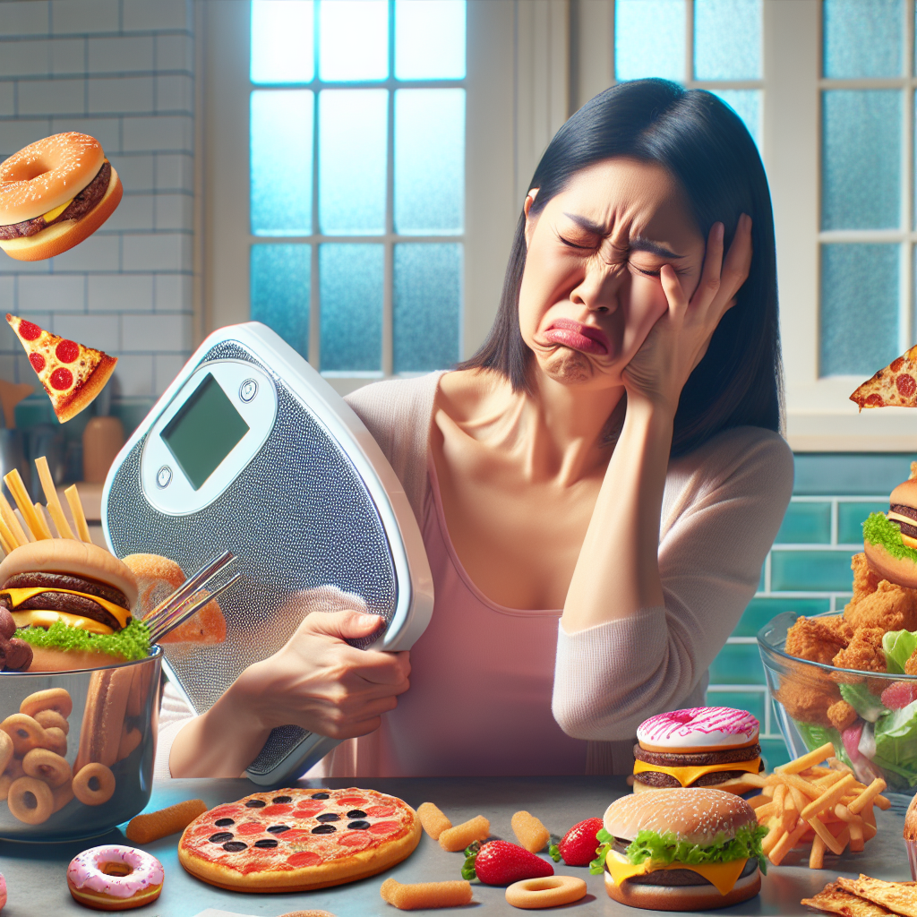 femme-est-asiatique-quarantaine-stressee-balance-cuisine-numerique-nourriture-malsaine-fast-food-cuisine-domestique