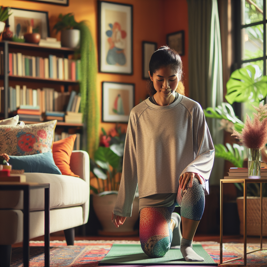 femme-sud-asiatique-exercices-fitness-domicile-salon-confortable-vetements-sport-posture-yoga-tapis-exercice-plantes-interieur-etageres-livres-canape-moelleux-ambiance-chaleureuse-accueillante