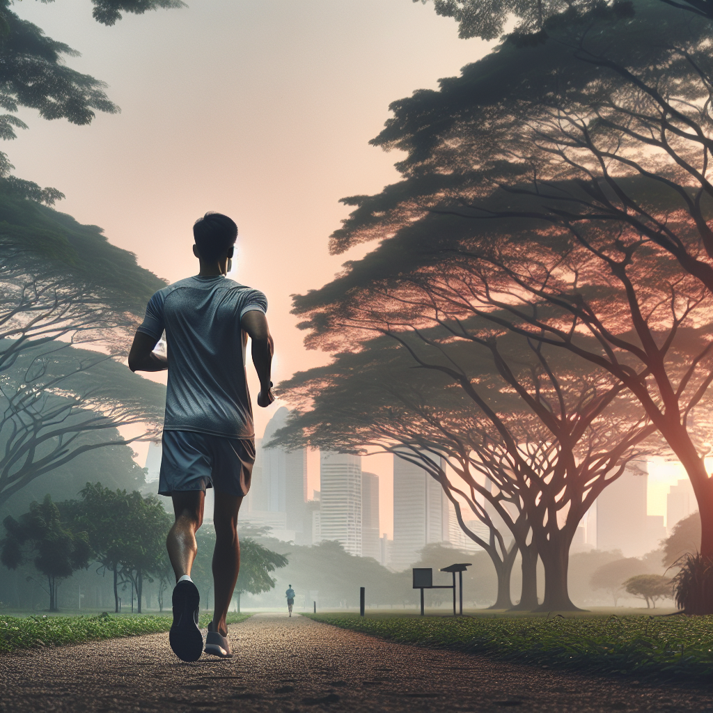 homme-asiatique-jogging-matinal-parc-urbain-aube-ciel-orange-rose-violet-arbres-verdoyants-chemin-sport-chaussures-cailloux-silhouette-ville-brume-rayons-jour