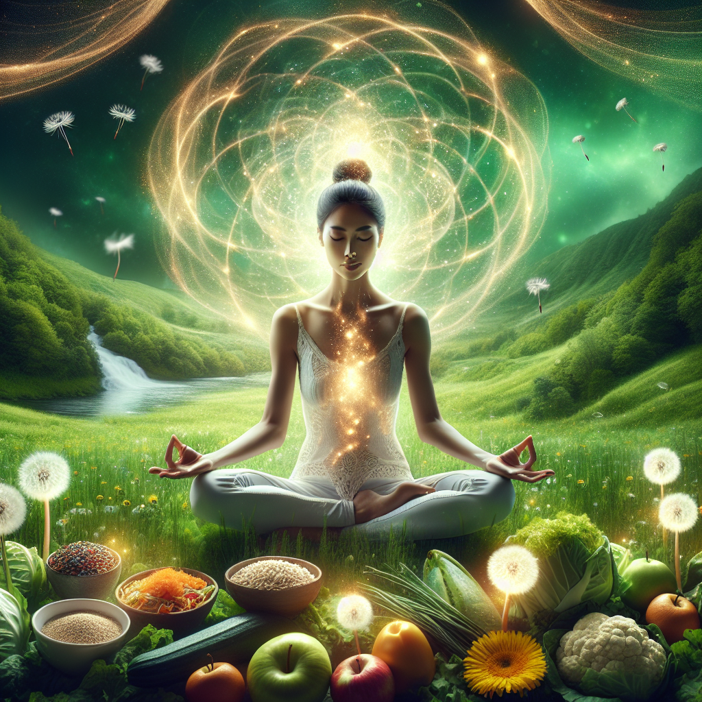 meditation-femme-sud-asiatique-lotus-aura-energie-serenite-prairie-verdoyante-pissenlits-cascade-aliments-sains-fruits-legumes-grains
