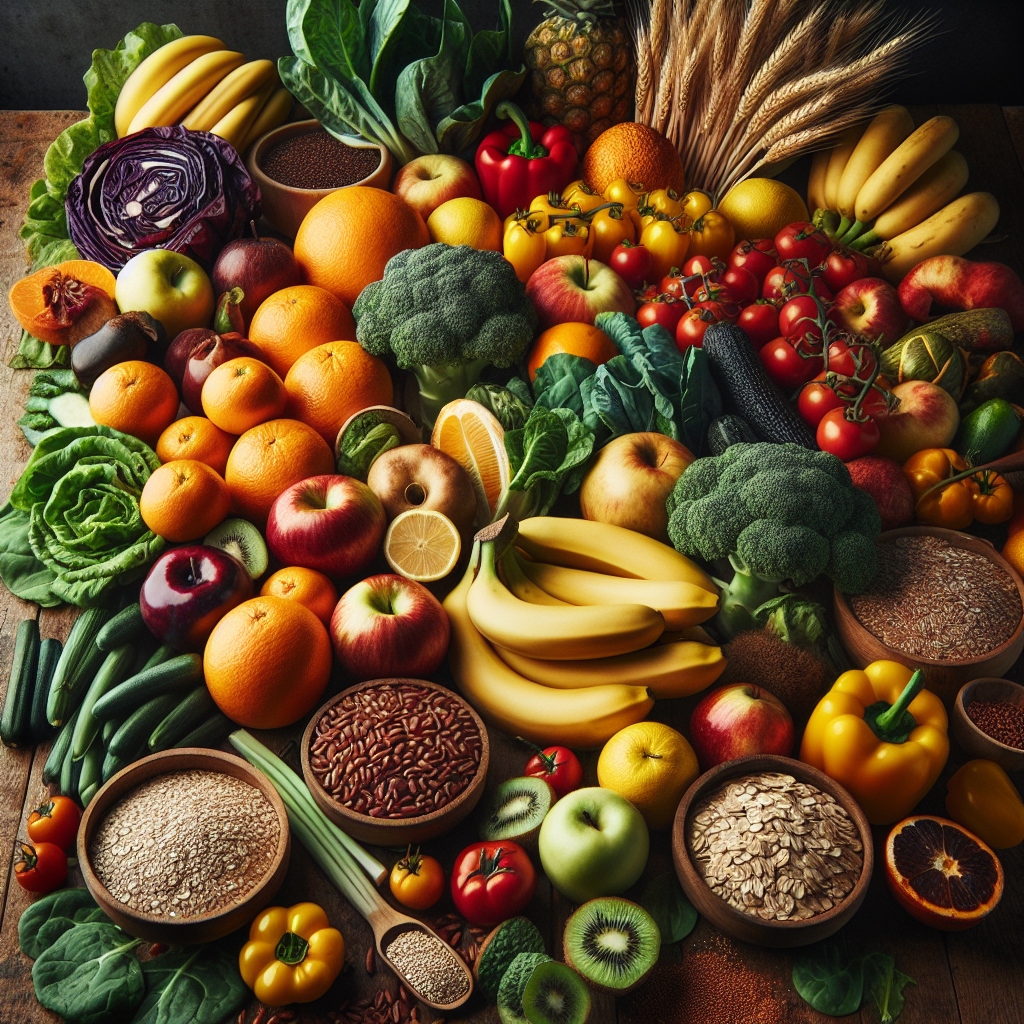 buffet-produits-frais-table-bois-oranges-bananes-pommes-epinards-laitues-choux-tomates-poivrons-ble-avoine-quinoa