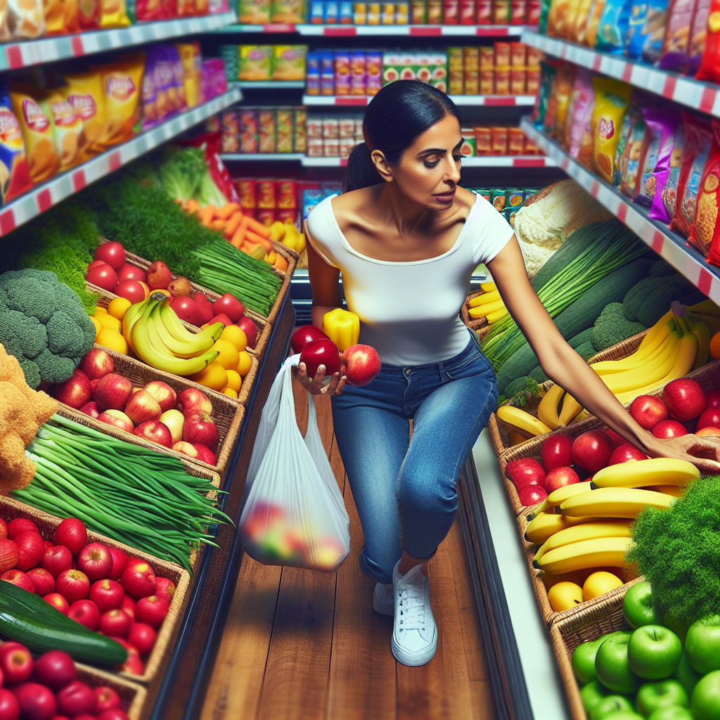 femme-sud-asiatique-supermarche-fast-food-fruits-legumes