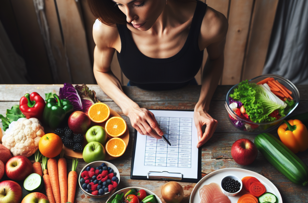 femme_moyen_orient_planifie_repas_equilibre_nutritionnel_table_bois_fruits_legumes_proteines