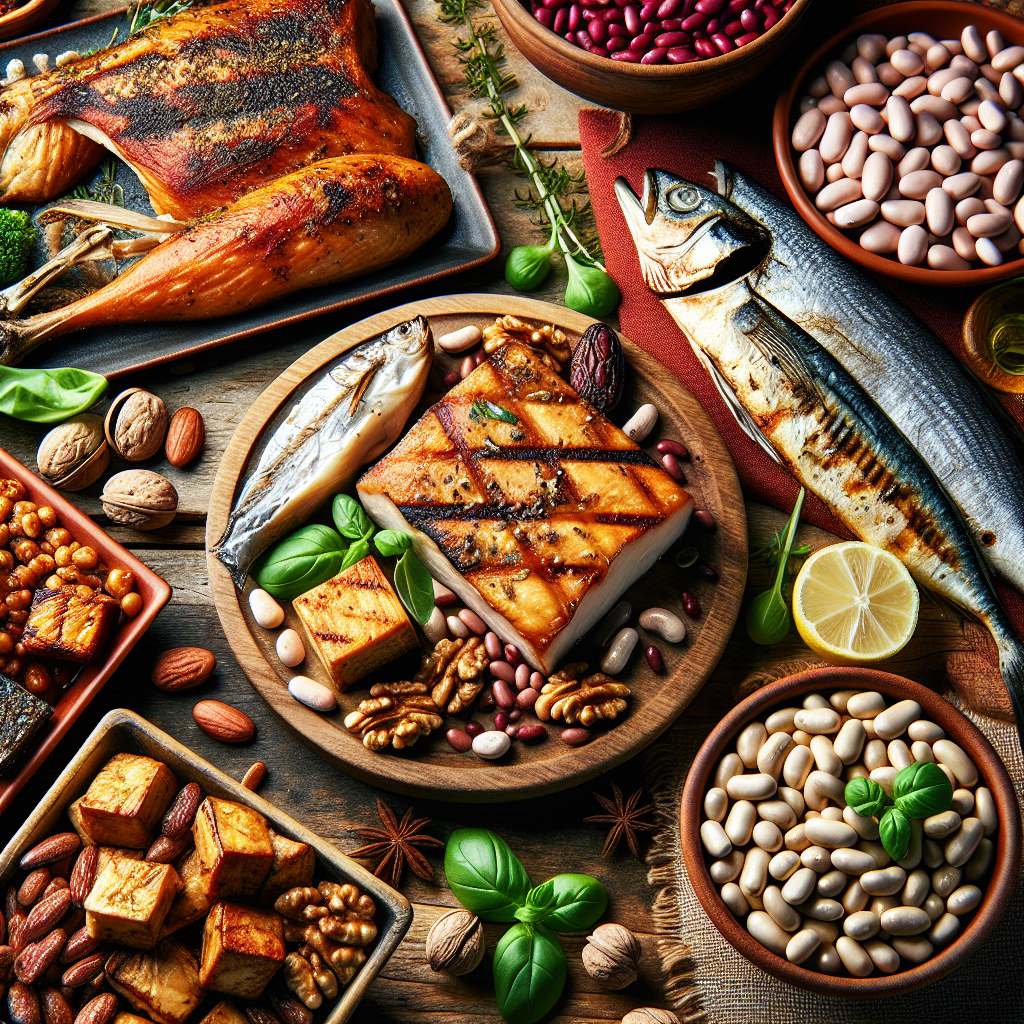 festin_vibrant_colore_table_rustique_aliments_proteines_poulet_grille_poisson_fume_haricots_noix_tofu_marine