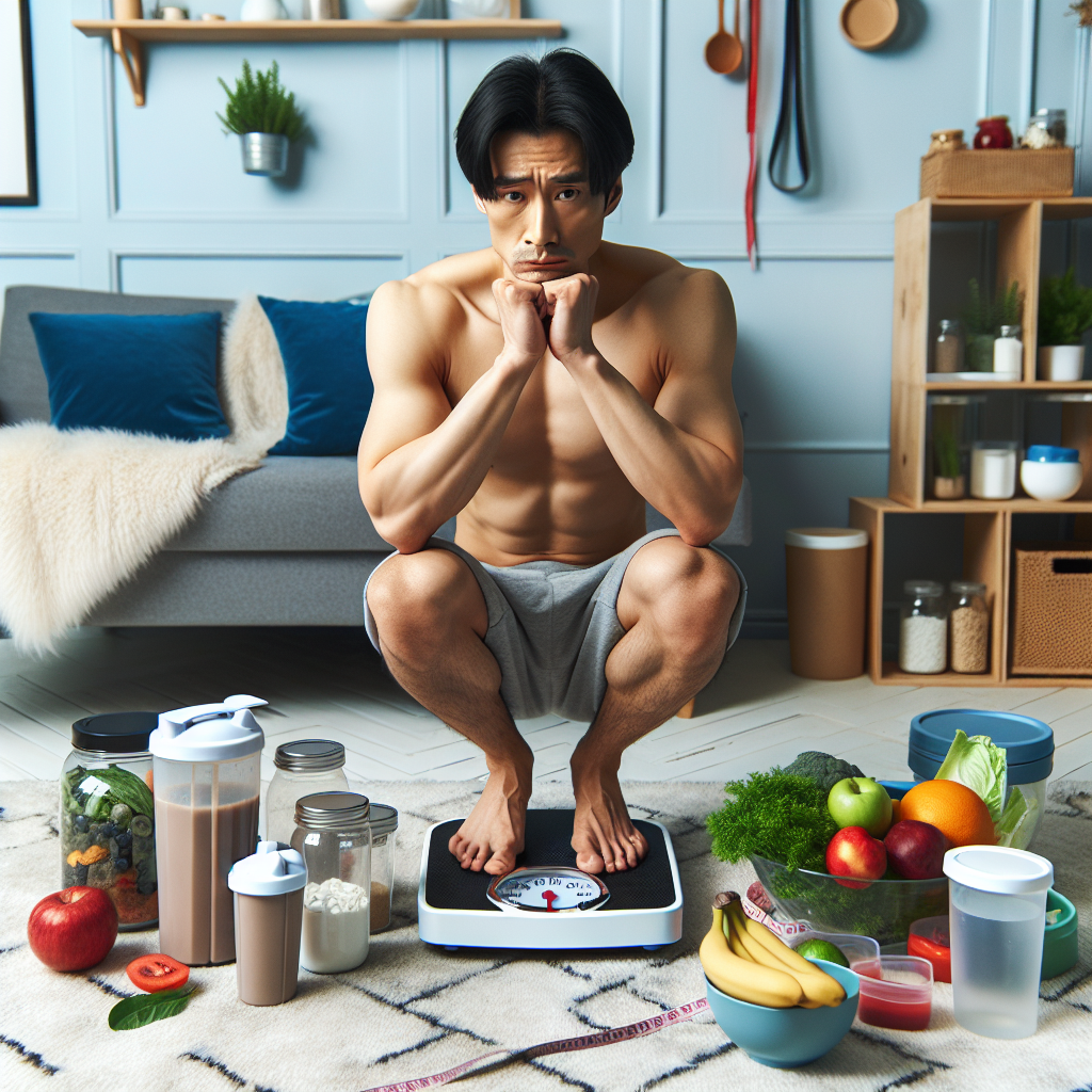 homme_asie_est_balance_inquietude_alimentation_shakes_proteines_preparation_repas_fruits_legumes_ruban_mesurer_tapis_blanc_moelleux_murs_bleu