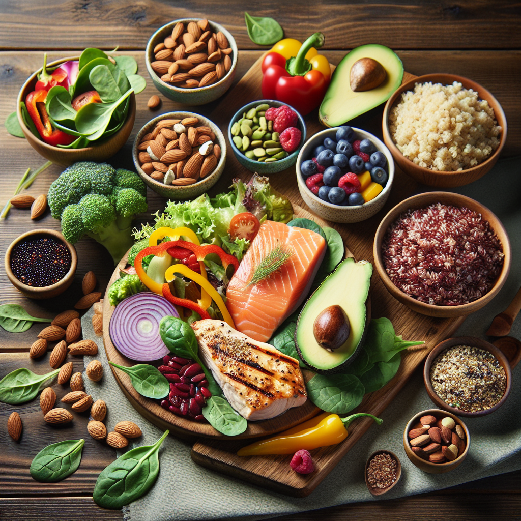 plan-repas-equilibre-variete-aliments-riches-nutriments-table-bois-proteines-poulet-grille-saumon-glucides-quinoa-riz-brun-graisses-saines-avocats-noix-salade-epinards-chou-frise-poivrons-baies