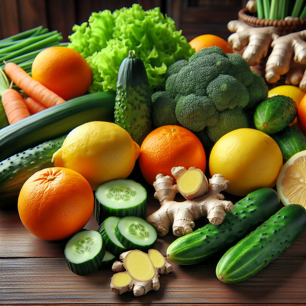 presentation-coloree-variete-ingredients-frais-detox-legumes-verts-agrumes-oranges-citrons-gingembre-concombres-table-bois