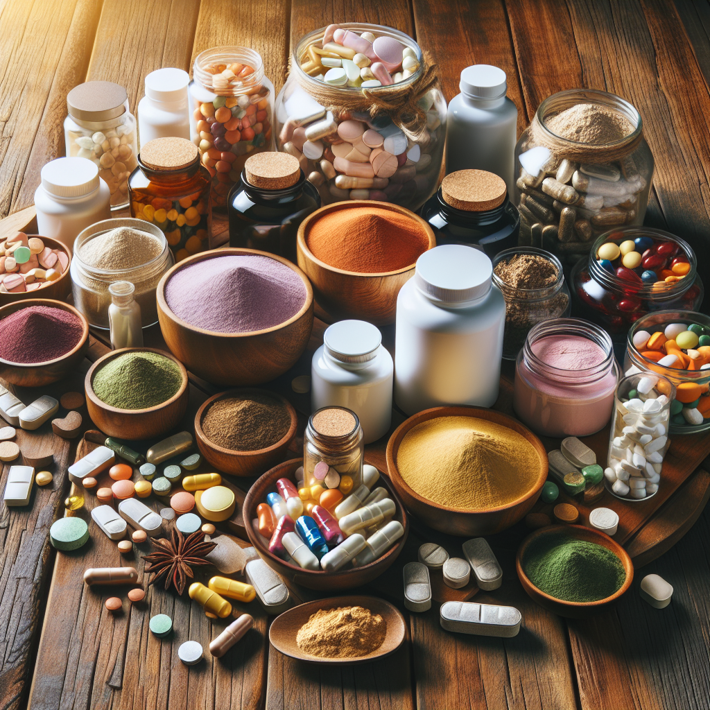 collection-complements-alimentaires-perte-de-poids-table-bois-rustique-pilules-poudres-gelules-ombres-douces-soleil-apres-midi